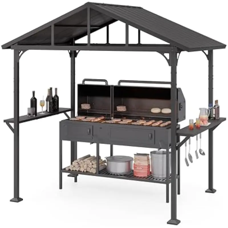 8 ft x 5 ft modern rectangular hardtop gazebo with waterproof sloped roof smoke-venting front rear openings sturdy steel frame r