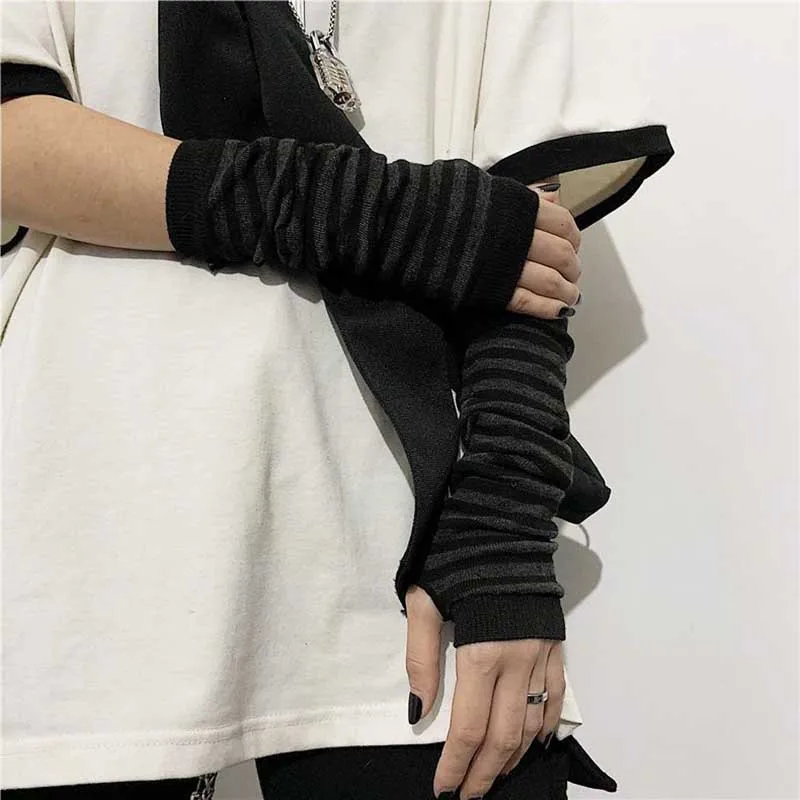 Y2K Gothic Lolita Gloves Arm Cover Harajuku Arm Warmers Black Grey Striped Fingerless Punk Long Wristband Metallic Unisex Gloves