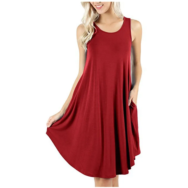 ผู้หญิงสีดําสีฟ้าฤดูร้อนสบายๆแขนกุดคอรอบคอยาว T เสื้อ Sundress Beach Tank กระเป๋าหลวมชุด