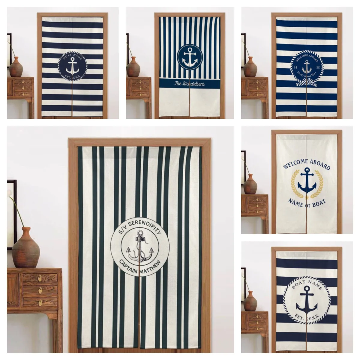 Custom Japanese Style Linen Door Curtain Nautical Kitchen Curtain Personalized Boat Name Home Decor Divider Privacy Screen