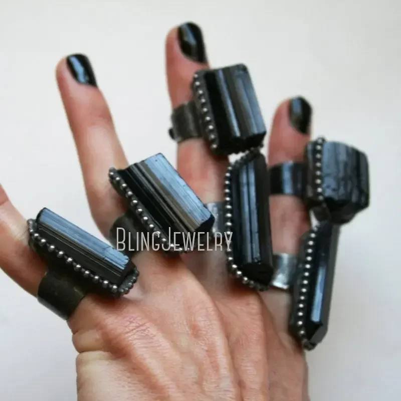 10pcs Witchdraft Black Tourmaline Crystal Stone Large Schorl Gothic Ring Goth Witch Wicca Boho Halloween Steampunk Emo Jewelry