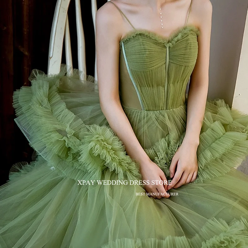 XPAY Luxury Sage Green Ruffles Korea Wedding Photoshoot Spaghetti Straps Sweetheart Elegant Formal Party Gowns Evening Dress