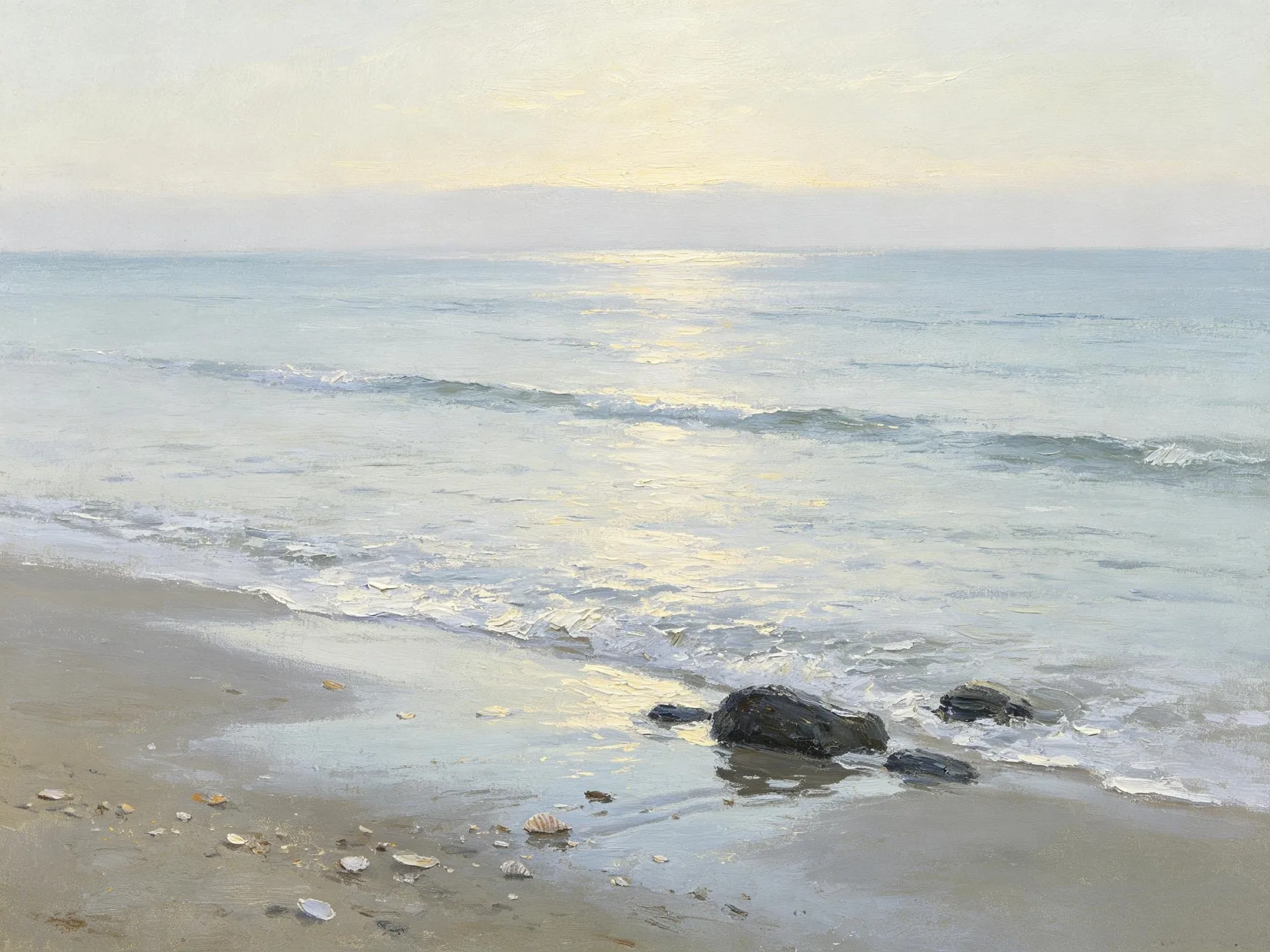 27557-Soft Morning Beach Shell Rock Seascape Canvas Wall Art