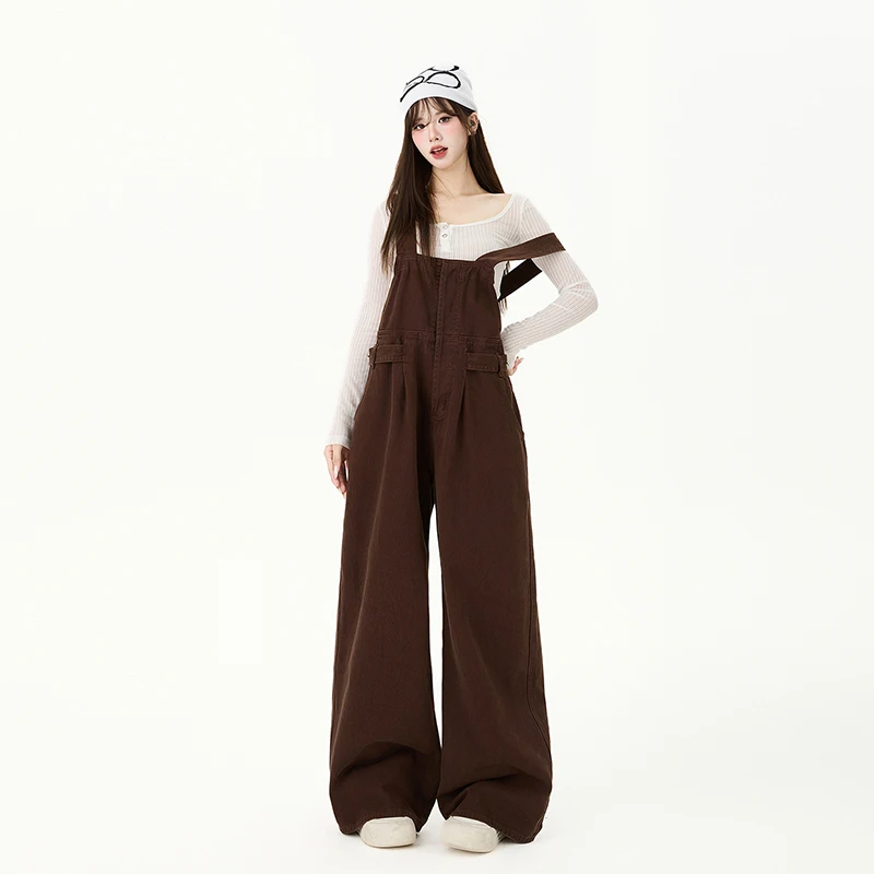 

Retro chocolate-colored overalls for women, new early spring and autumn style, loose and slimming, workwear straight-leg casual