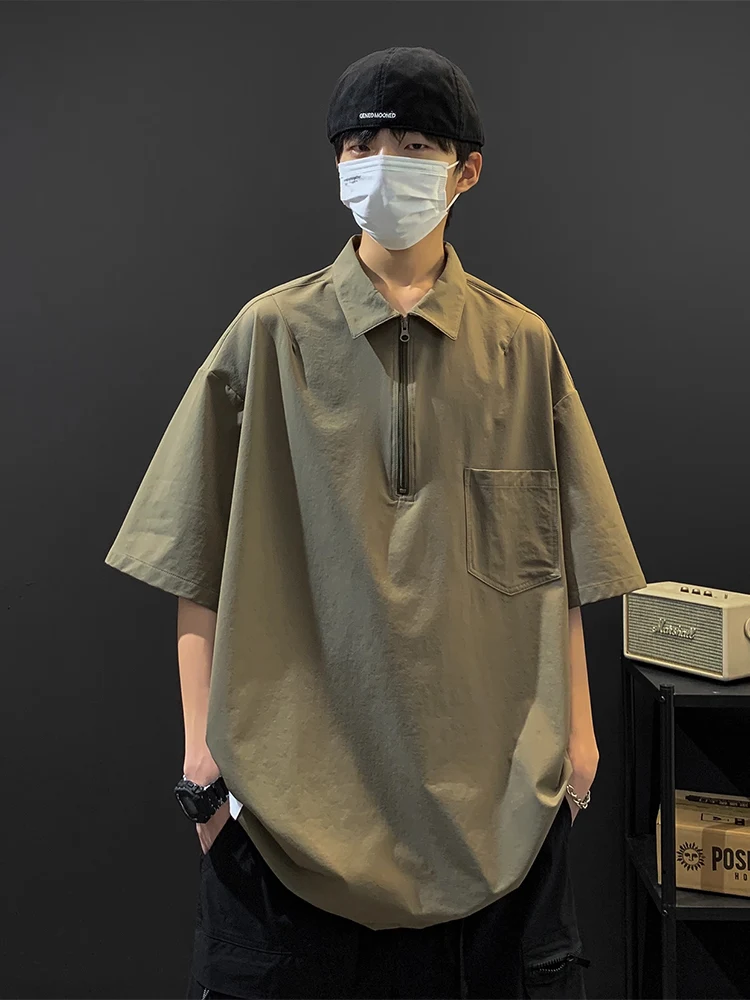 

American Style Workwear Ice Silk Short Sleeve Men's Shirt Half Zip Shirt Handsome Seven Split Sleeve Shirt Summer Thin F...