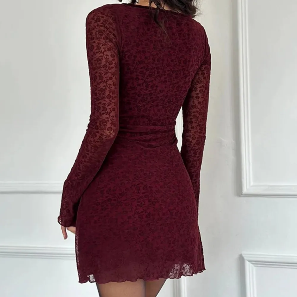 Sexy Wine red Flocking Flower Mesh Flare Sleeve Dress Woman Bow Square neck Package Hips A-line Mini Party Robe Bodycon