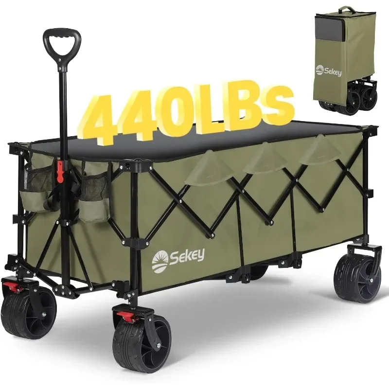 Sekey 48''L Collapsible Foldable Extended Wagon with 440lbs Weight Capacity, Heavy Duty 300L Folding Utility Garden Cart