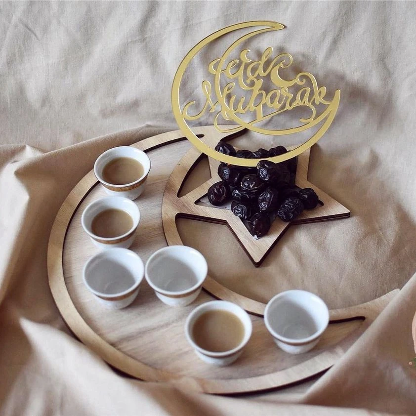 1set Wooden White  Eid Mubarak Tray Moon Star Food Holder Ramadan Kareem Food Holder Supplies Al Adha Muslim Table Decorations
