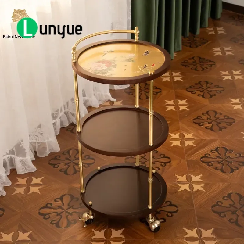 Retro Brass Hand Push Coffee Table 3 Tier Storage Rack Solid Wood Desktop Living Room Furniture Vintage Style Space Saving
