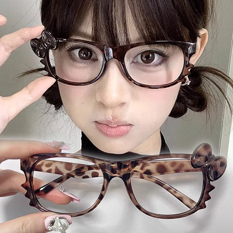 Cat Ear Leopard Bow Glasses Frame No Lenses Cosplay Vintage Kitten Halloween Party Costumes Props Decorative Y2K DIY Frames