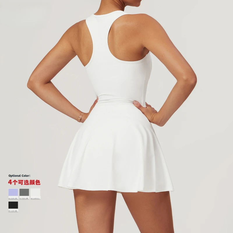 Skin-friendly Sports Tennis Dress Summer Casual Workout Yoga Golf Badminton Mini Dresses with Bult-in Shorts and Bar for Women