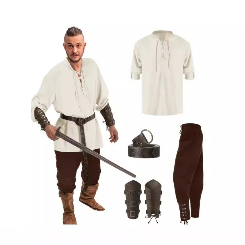 2025New4Set of Halloween Men's Renaissance Suit Medieval Pirate Shirt Ankle Pants