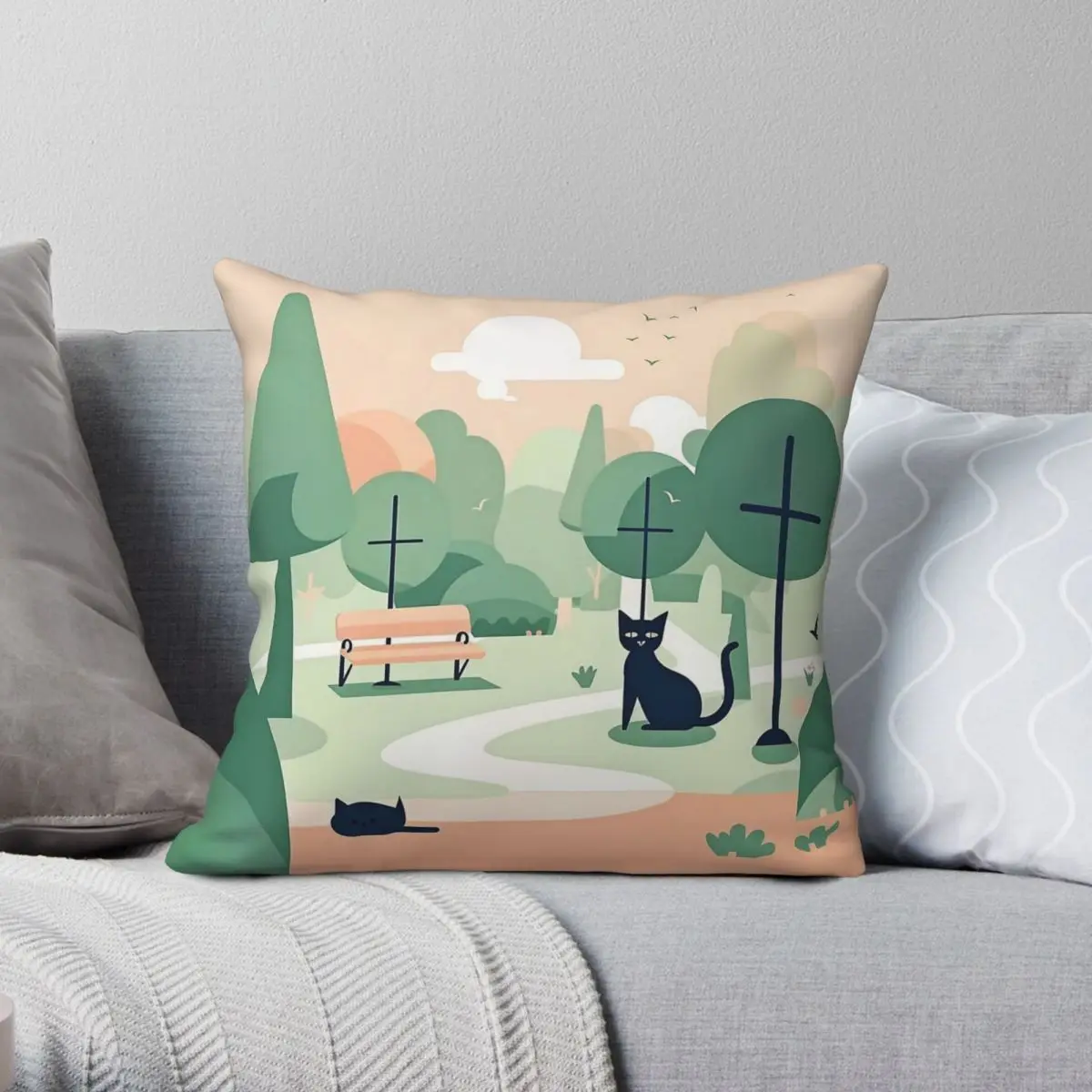 Peaceful Black Cat Park Square Pillowcase Polyester Linen Velvet Creative Zip Decorative Pillow Case Home Cushion Cover 45x45