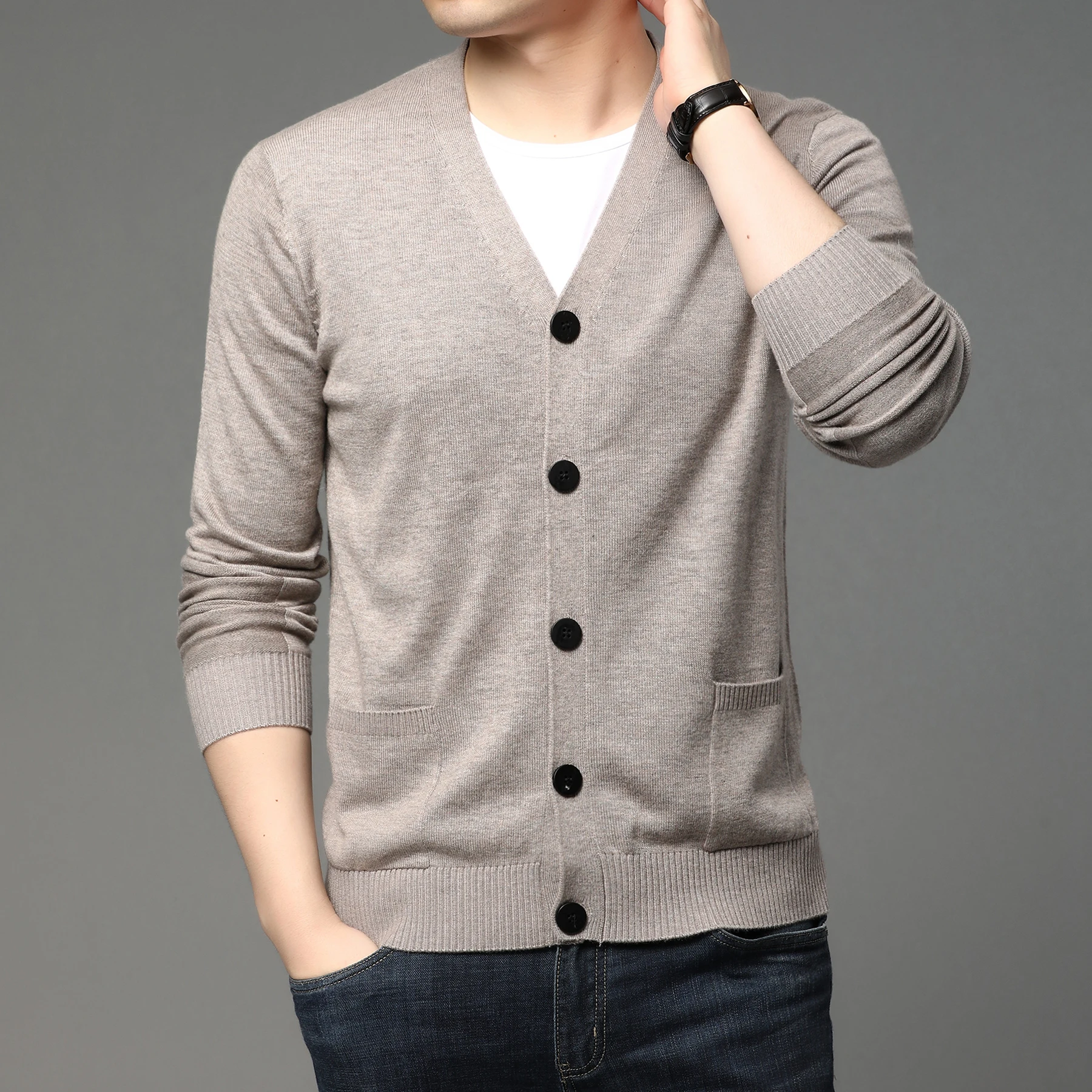 

Мужской повседневный свободный вязаный шерстяной свитер с v-образным вырезом, открытый кардиган, тонкий весенне-осенний повседневный свободный трикотаж с сердечками и kets