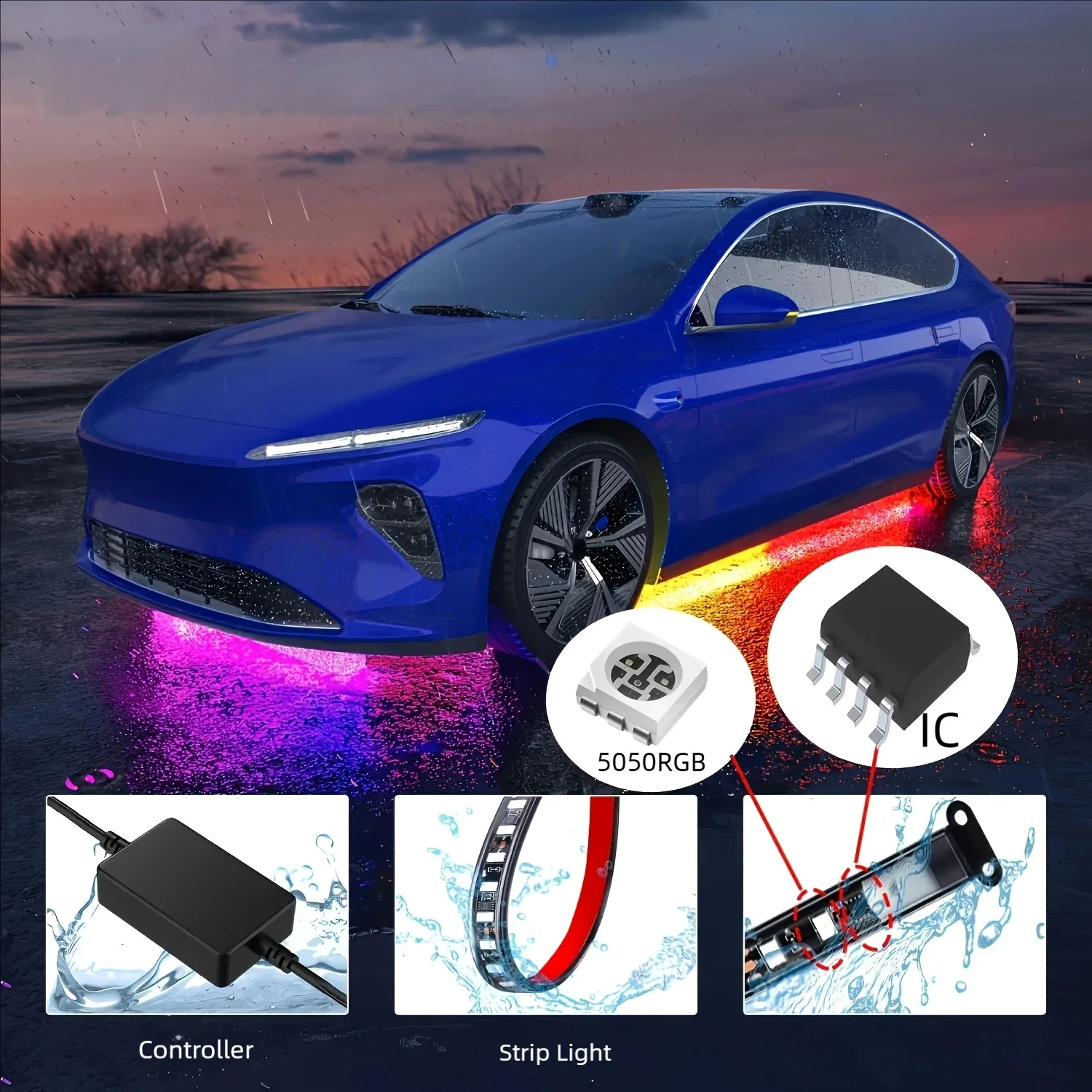 4Pcs Car Neon Accent Strip Lights RGBIC Sound Active Function modalità musicale con telecomando Wireless Underbody Light Strips per