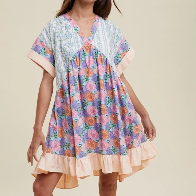 Combhasaki ผู้หญิงฤดูร้อน Boho Vintage Floral พิมพ์ Contrast สี Batwing แขนสั้น V คอ Ruffle Hem หลวมชุดมินิสั้น