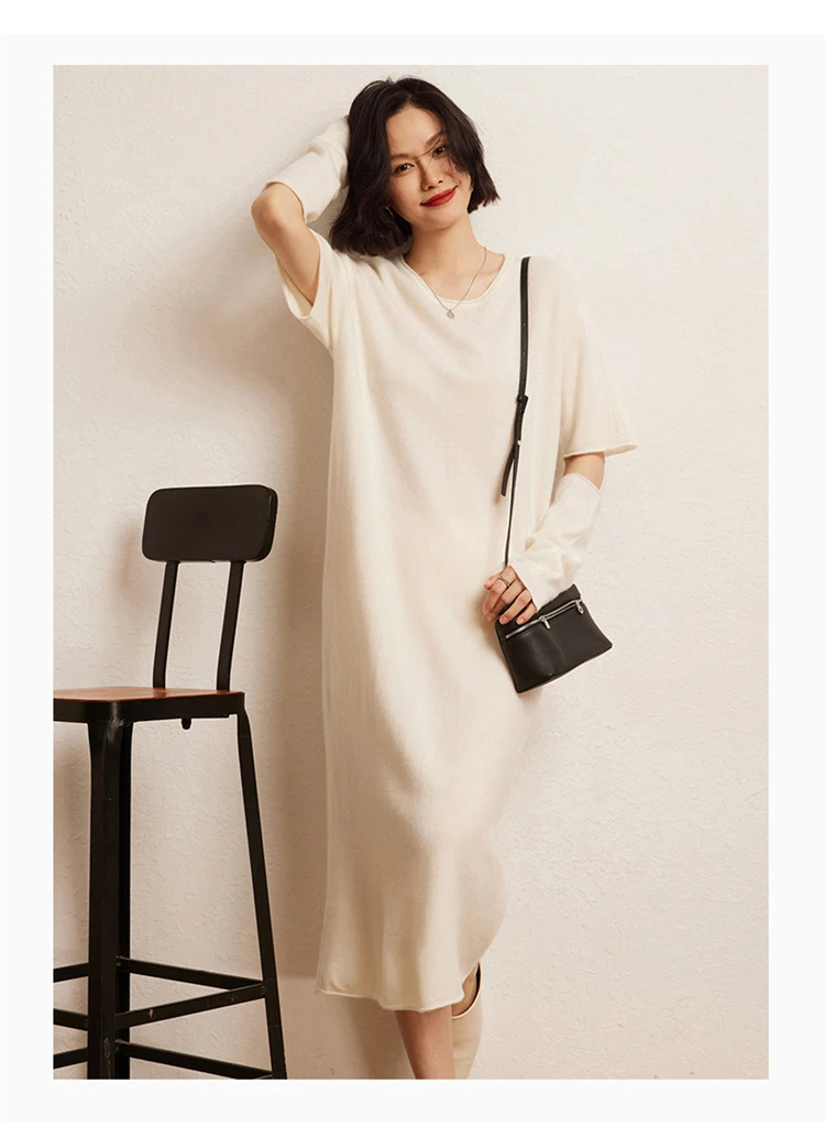 Cashmere Women's Short-sleeved Round Neck Dress Autumn and Winter New Long Loose Soft with a White Bottom Knit Sweater Dress