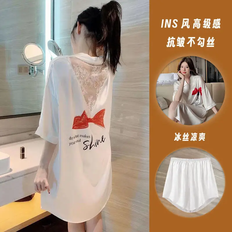 Summer Newwomen Simple Light Luxury Fashion Elegant French Pajamas Skin Friendly Comfort Shorts Shirt Nightgown Set Home Clothes