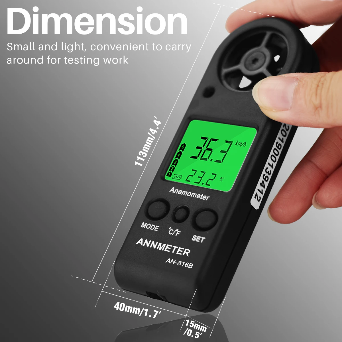 Handheld Anemometer, Mini Digital Wind Speed Meter with Temp, Wind Chill, Max/Avg/Current Speed LCD Backlight for HVAC & Outdoor