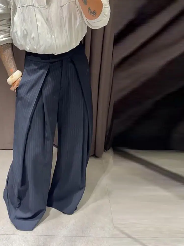 Verstellbare gestreifte Hose für Damen – Streetwear mit hoher Taille, Schnürung, weitem Bein und charmantem Panel-Design – Neu – Detail 29