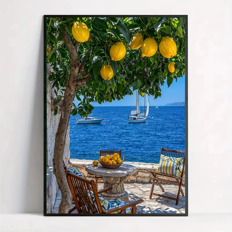 Italian Lemon Tree Boat Amalfi Seascape Retro Mediterranean Landscape Poster Canvas Painting Wall Art Pictures Home Decoration