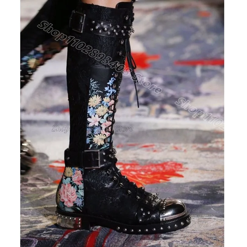 Black Rivet Decor Embroider Boots Round Toe Lace up New Fashion Party Dress British Style Women Knee Boots Zapatos Para Mujere