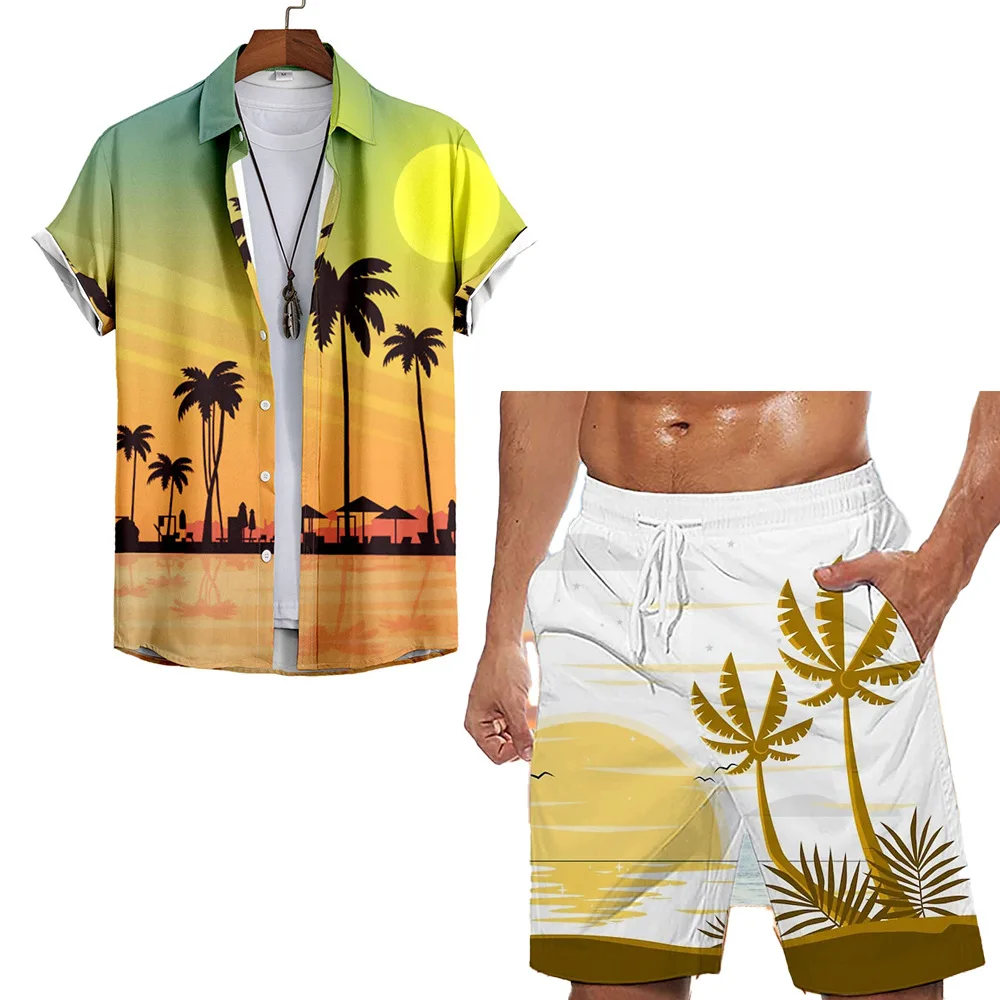 

Hawaii collection beach style 2Pcs set men with 3D coconut tree printing summer suit collar short sleeve Man beach pants set