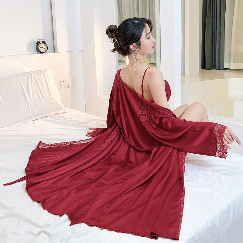 Twinset Kimono Robe Gown Suit Women 2PCS Bathrobe Strap Nightgown Set Summer Satin Sleepwear With Lace Hollow Out Loungewear