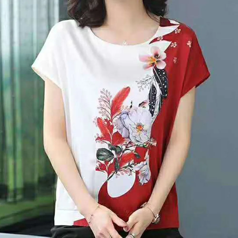 Womens Blouse Ice Silk Round Neck Loose Flower Print Short Sleeve Top Plus Size