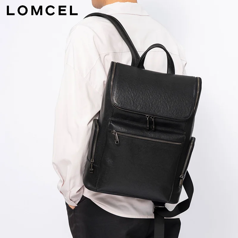 LOMCEL Leather-tanned men's double-shoulder bag - pure color, fashionable flip-top backpack, large capacity, multi-functional