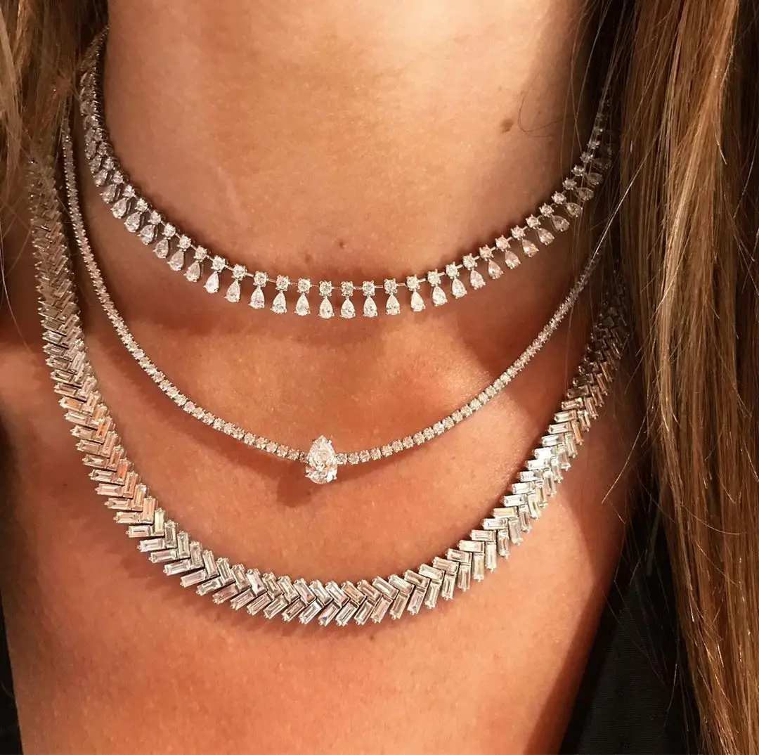 

5A Cubic Zirconia Iced Out Bling Women Choker Geometric Round Tear Drop CZ Tennis Chain Luxury Fashion Necklace