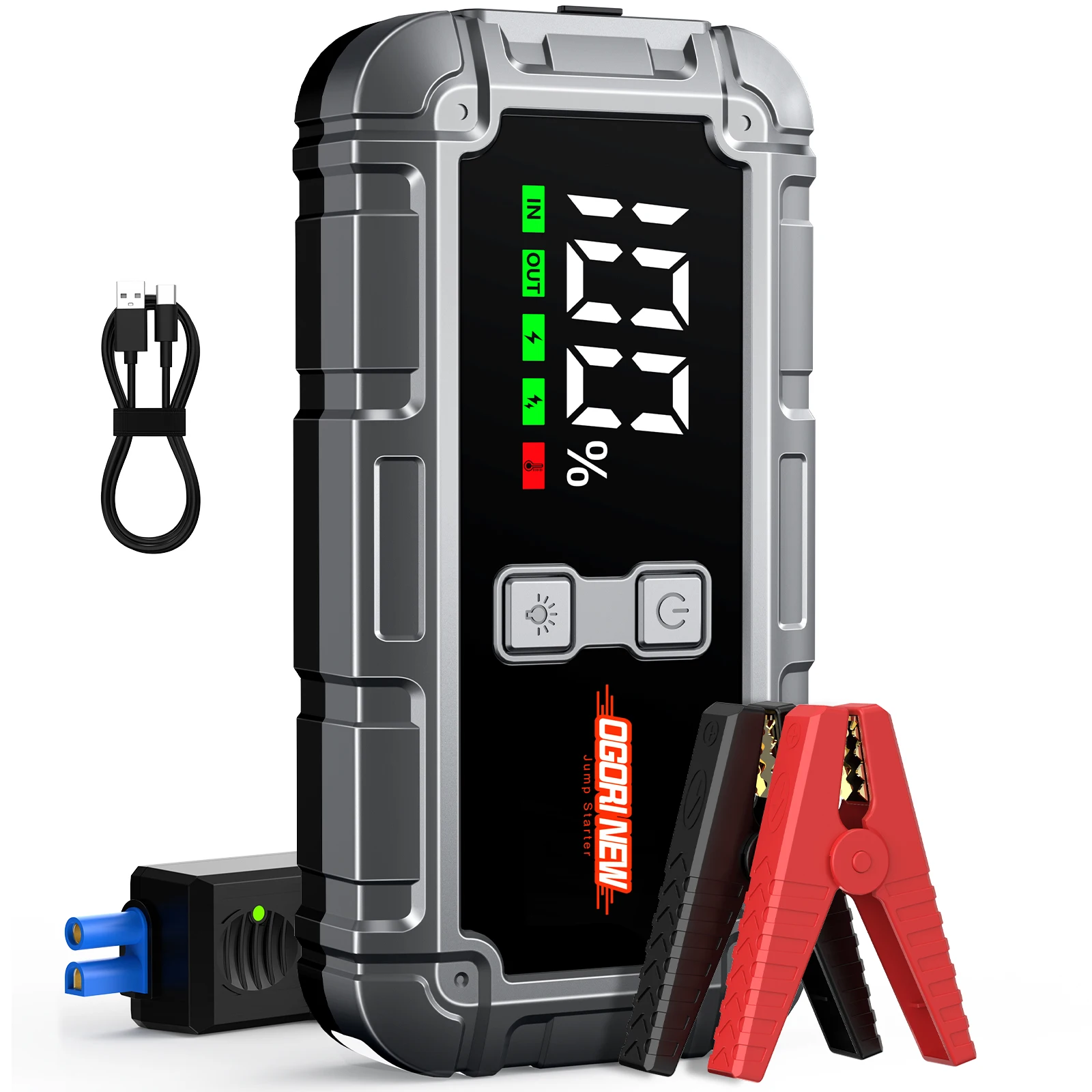 Démarreur portable avec compresseur d'air intégré, capable de 150 PSI, 1500 A de crête, conçu pour les moteurs essence 5.0L et diesel 3.0L. Cette boîte de démarrage intelligente 12V est équipée de câbles de démarrage intégrés, d'un éclairage LED et d'un écran LCD.