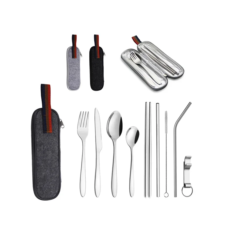 Camping Utensil Stainless Steel Portable Knives Fork Straw Spoon Chopstick Set Travel Cutlery Set With Case Gift for Employees