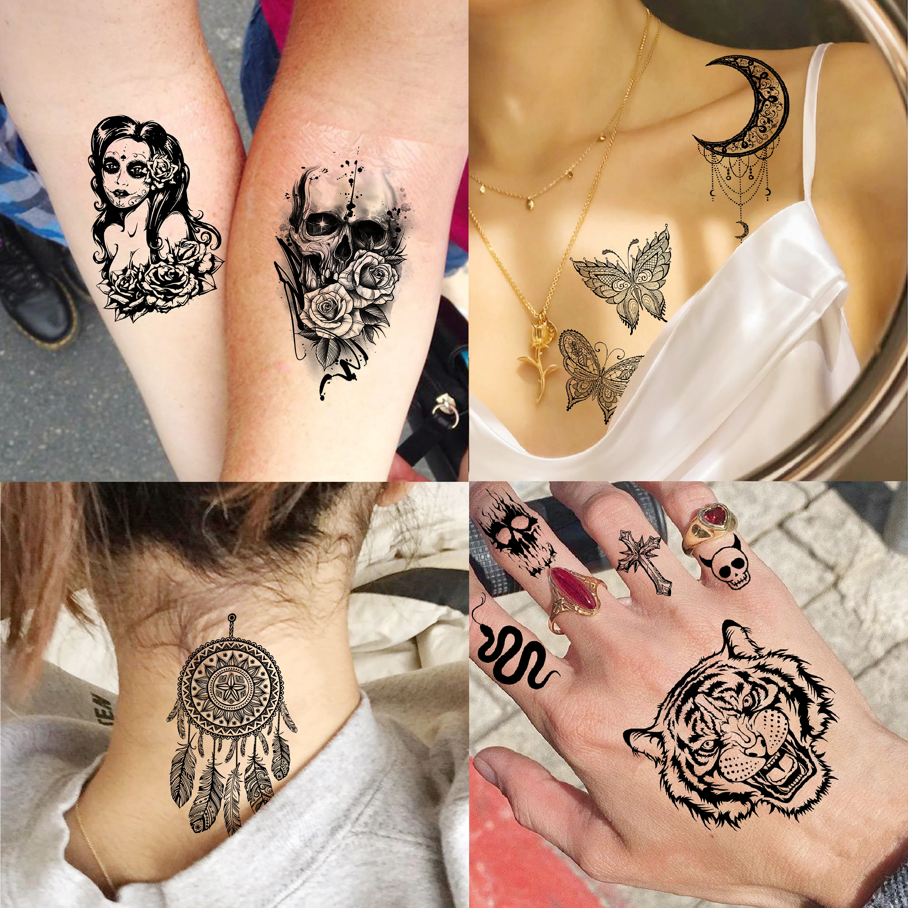 63 ورقة وشم مؤقت على شكل زهرة الفاوانيا الوردية السوداء الواقعية للنساء برقبة ذراع فنية للجسم، ملصقات زهور الأفعى المزيفة