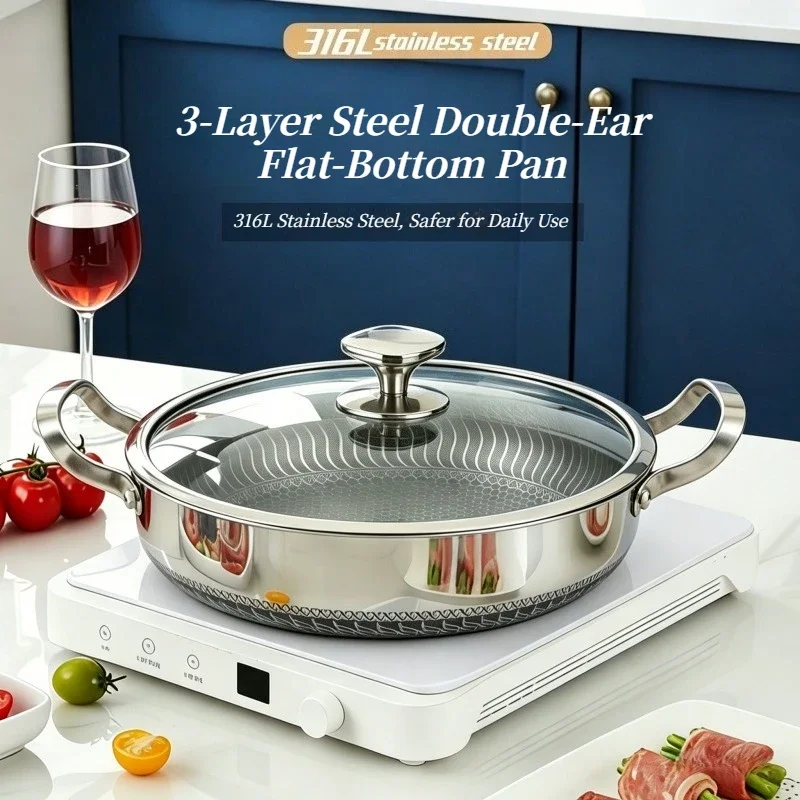 316 Stainless Steel Double Ear Non‑Stick Frying Pan With Lid Griddle for Induction Gas Stove