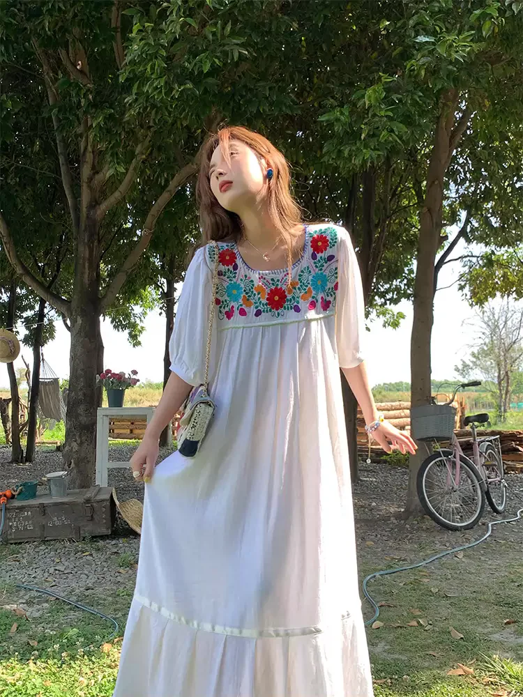 96-104cm Chest / Spring Summer Women Elegant Mexican Floral Embroidered Cotton Linen Dresses