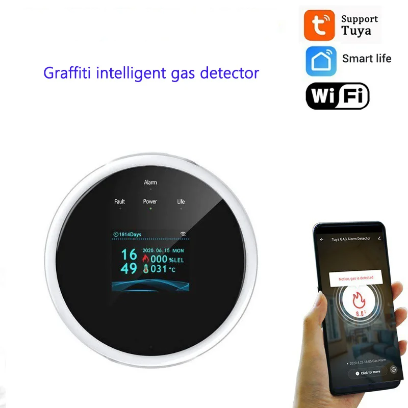 Household Intelligent LPG Detector Tuya Wifi Natural Gas Leak Sensor Kitchen Temperature App Alarm Reminder LCD Clock Display