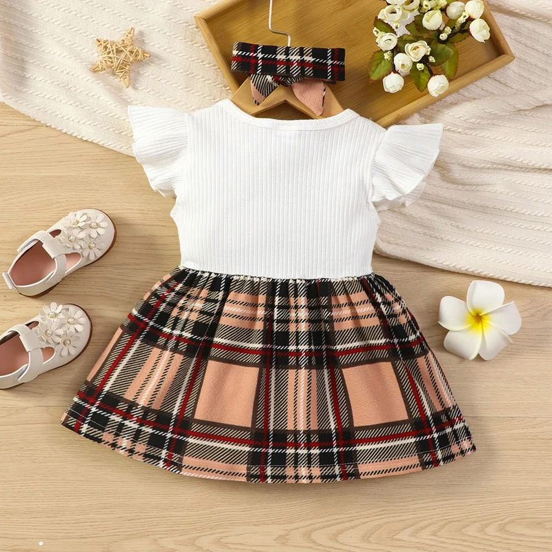 Newborn Girl Cute Christmas Dress Suit Patchwork Crew Neck Long Sleeve Dress Fall Plaid Headband Princess Dress