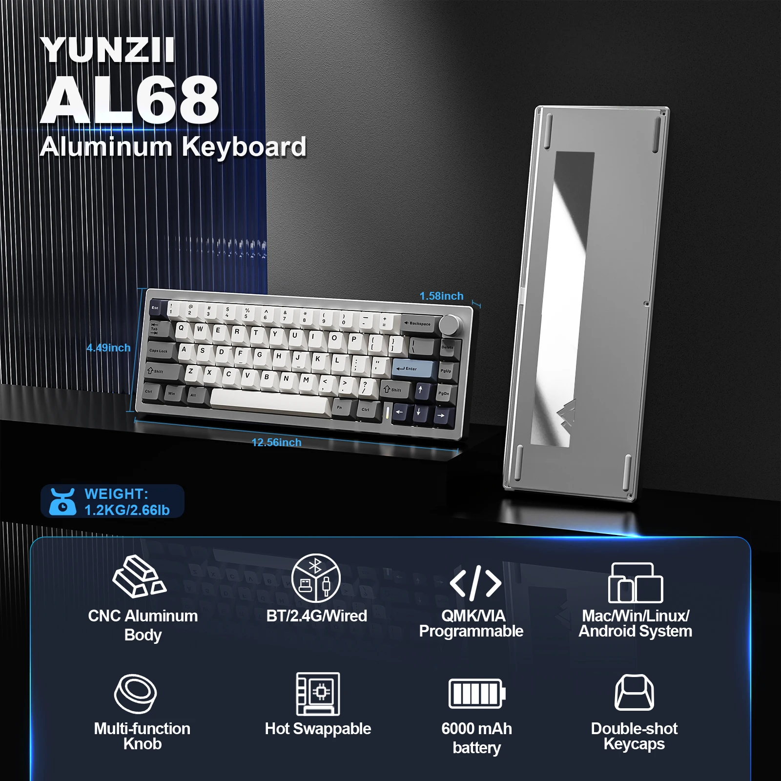 YUNZII AL68 Silver Wireless Custom Mechanical Keyboard, QMK/VIA Aluminum Keyboard, Hot Swap Gasket Gaming Keyboard with Knob