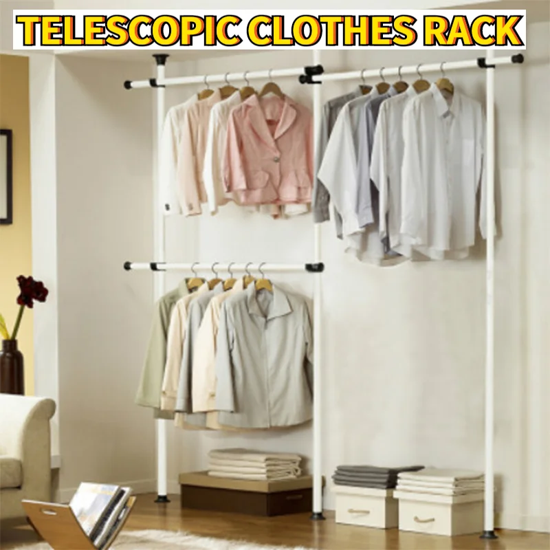 Clothes Rack Foldable Adjustable Telescopic Wardrobe Organiser Hanging Rail Bedroom Storage Shower Curtain Towel Rod