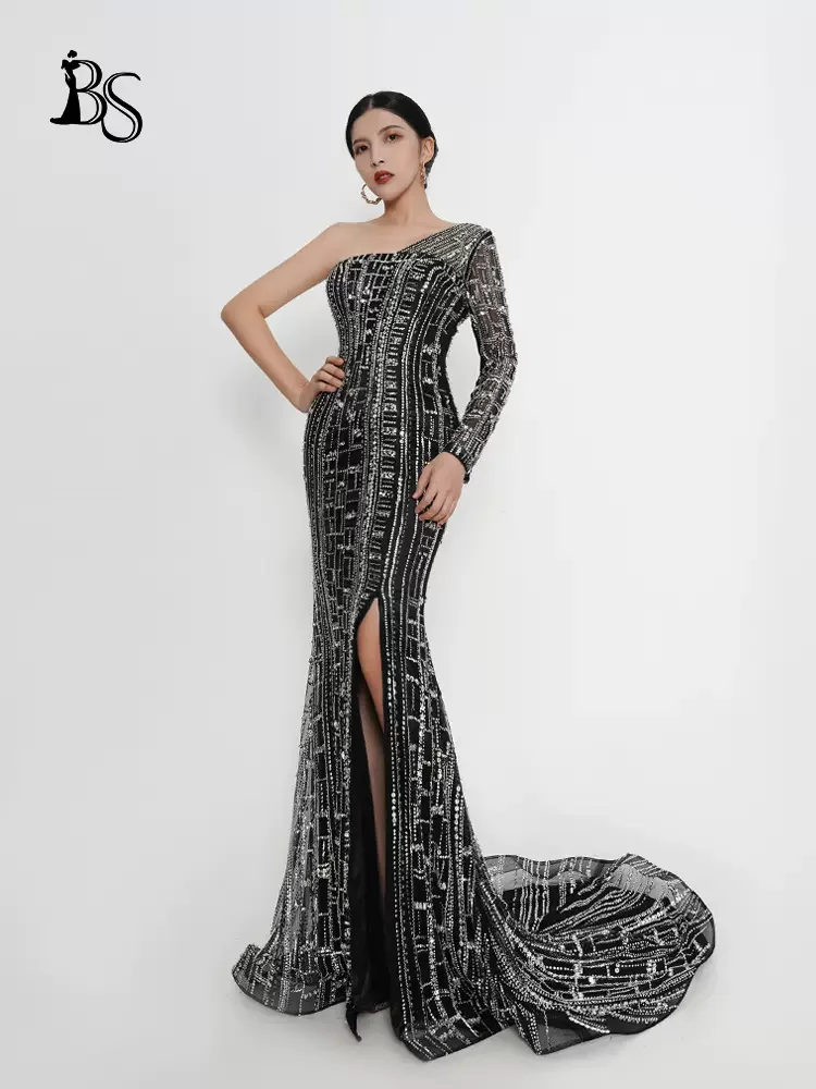 

Women Evening Dress Sexy Single Shoulder Gala Dresses Heavy Handmade Beaded Long Performance Party Prom Clothing H1058