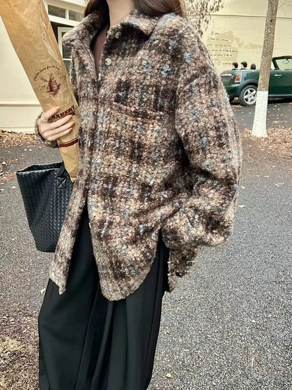 

Женская шерстяная куртка в клетку в стиле ретро, свободного кроя, на одной пуговице, осенне-зимняя верхняя одежда с длинными рукавами и отложным воротником, стандартной длины