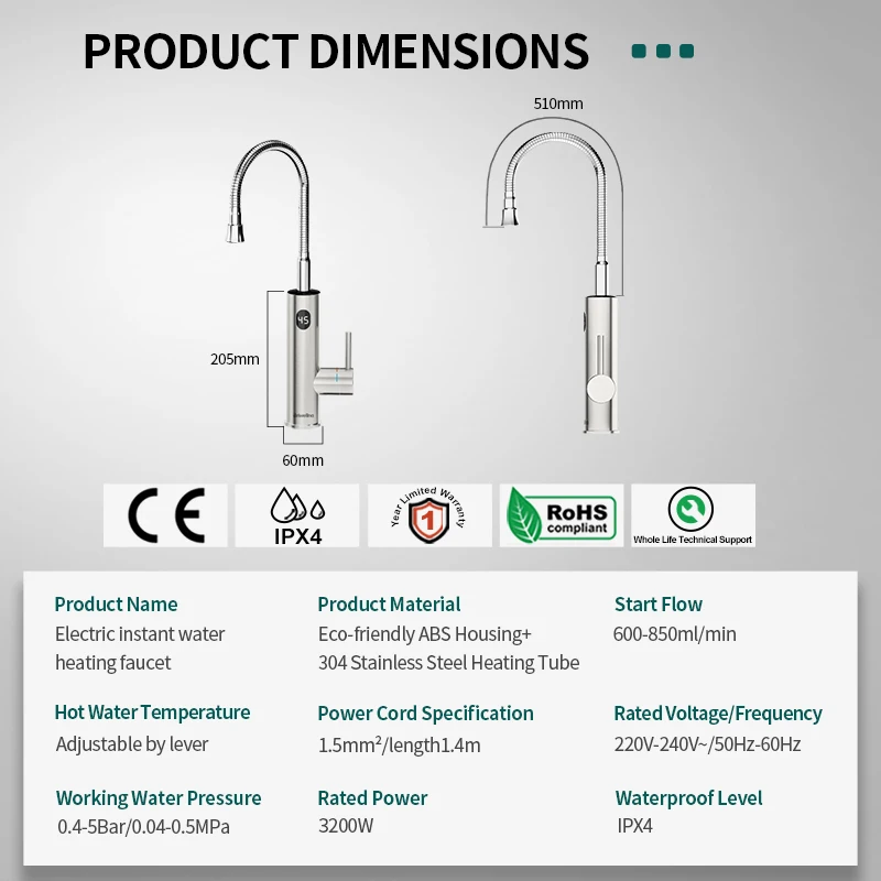 Briwellna Instant Hot Water Faucet With Universal Spout 220V Tankless Water Heater Faucet 2 in 1 Stainless Steel Heated Tap