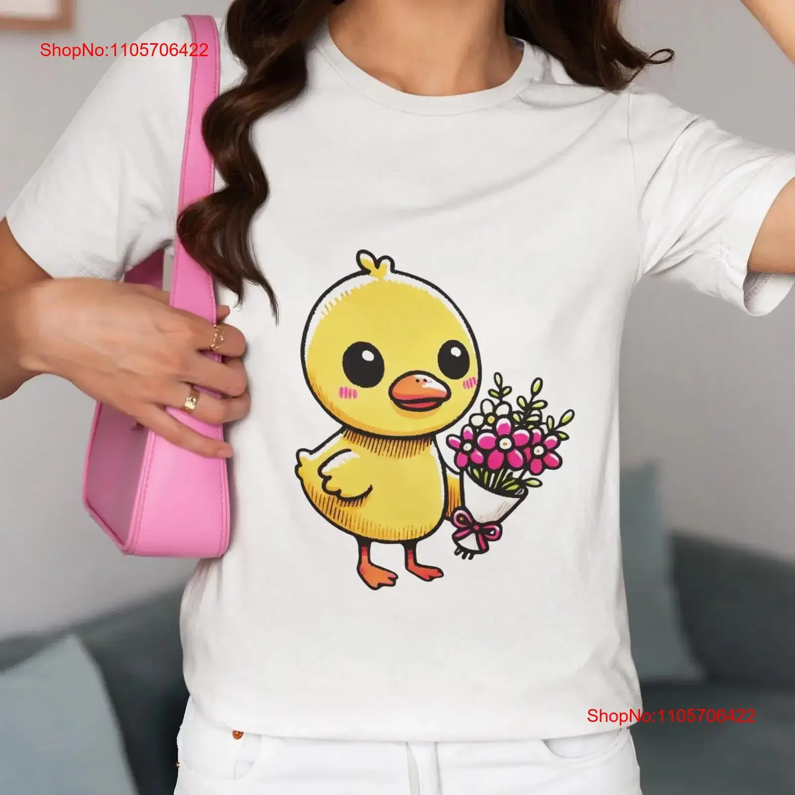 Cute Duck with Flowers T Shirt Adorable Yellow Holding a Bouquet Novelty Top for Animal Lovers Flower Fans vintage Washed