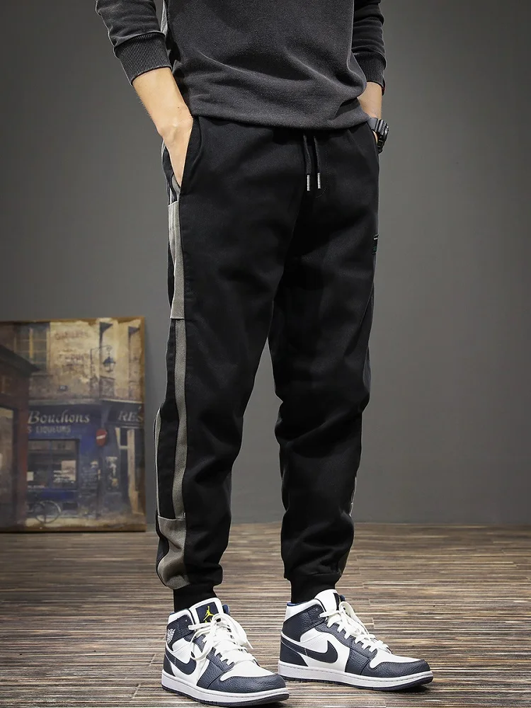 Autumn Fashion Side Stripe Sports Pants Men Black Baggy Casual Cotton Elastic Waist Drawstring Jogging Trousers