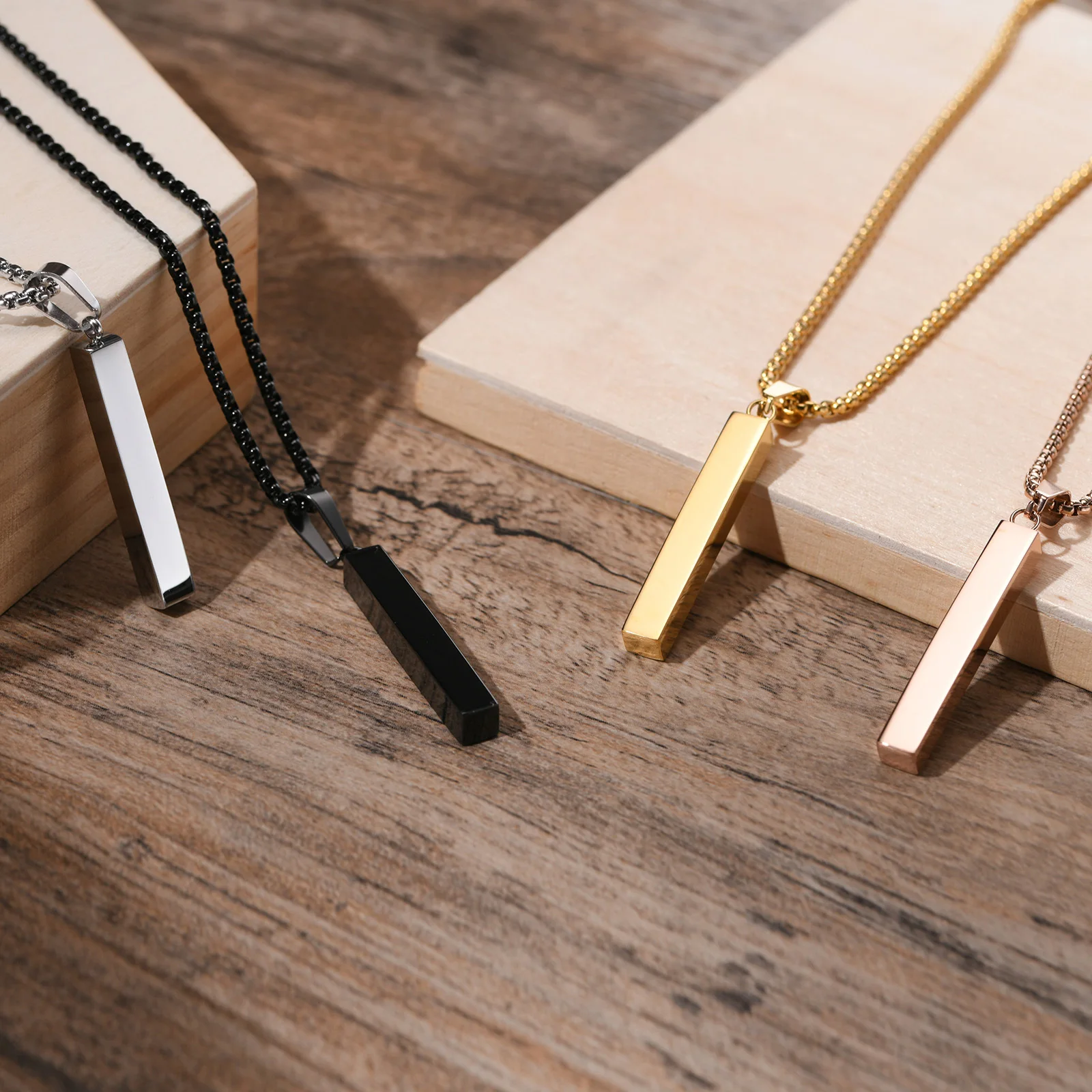 Personalized 1-4 Sides Pillar Necklace for Men Women,Stainless Steel Rectangle Vertical Bar Pendant Necklace Gifts