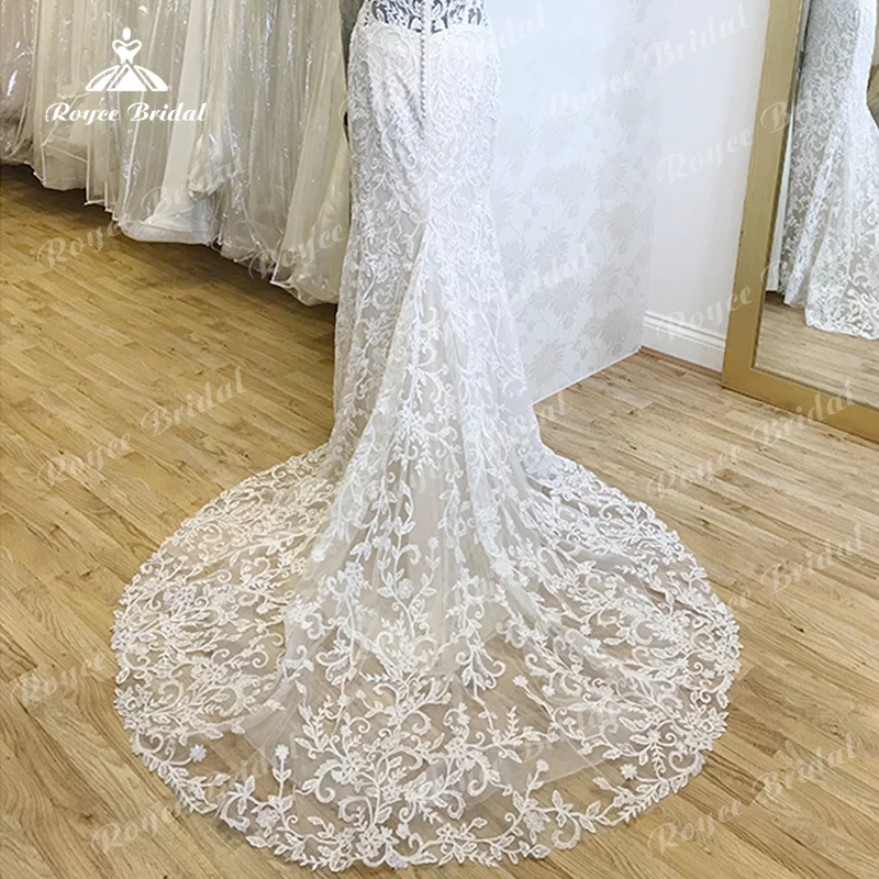 Sexy boho o-pescoço boné manga ilusão voltar botão apliques rendas sereia vestidos de casamento tule vestidos de noiva varrer robe de mariée