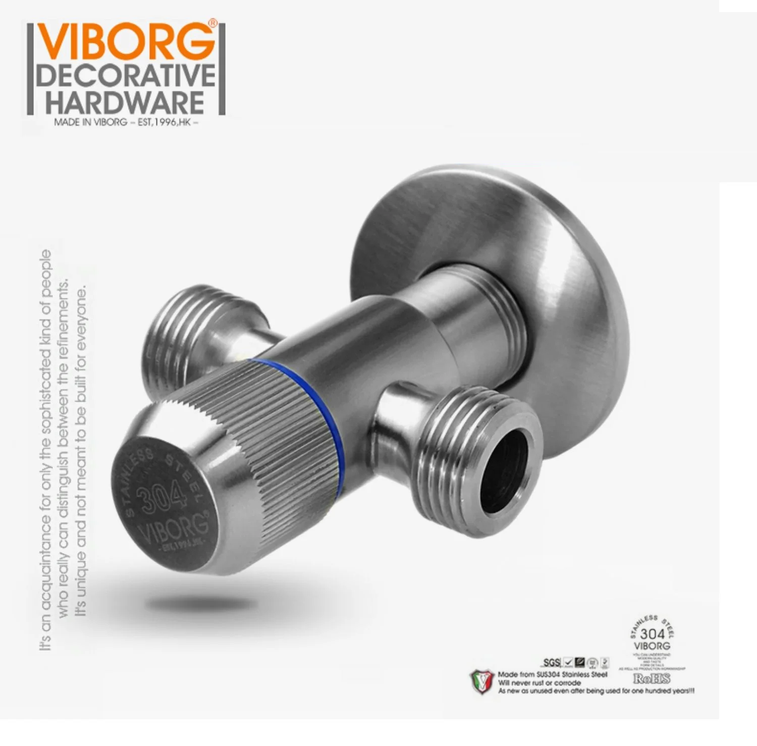 VIBORG Deluxe SUS304 Stainless Steel extra-thick Lead-free Extra-long Angle Valve Angle Stop Valves, KS-A17