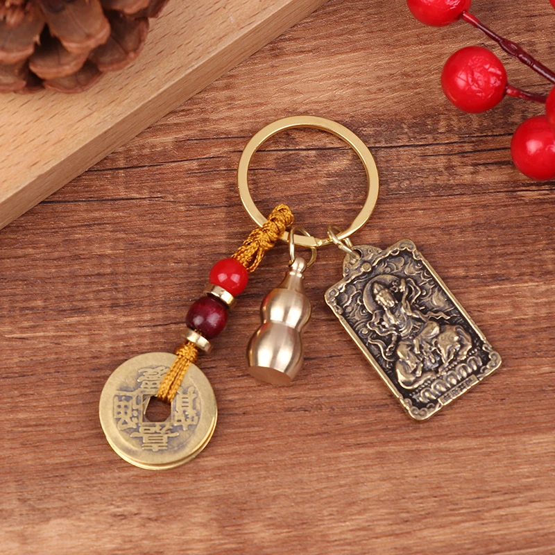 1PC Vintage Copper Zodiac Snake Destiny Buddha Keychain Gourd Pendant Jewelry Square Buddha Plaque Animal Keyring DIY Gift image 4