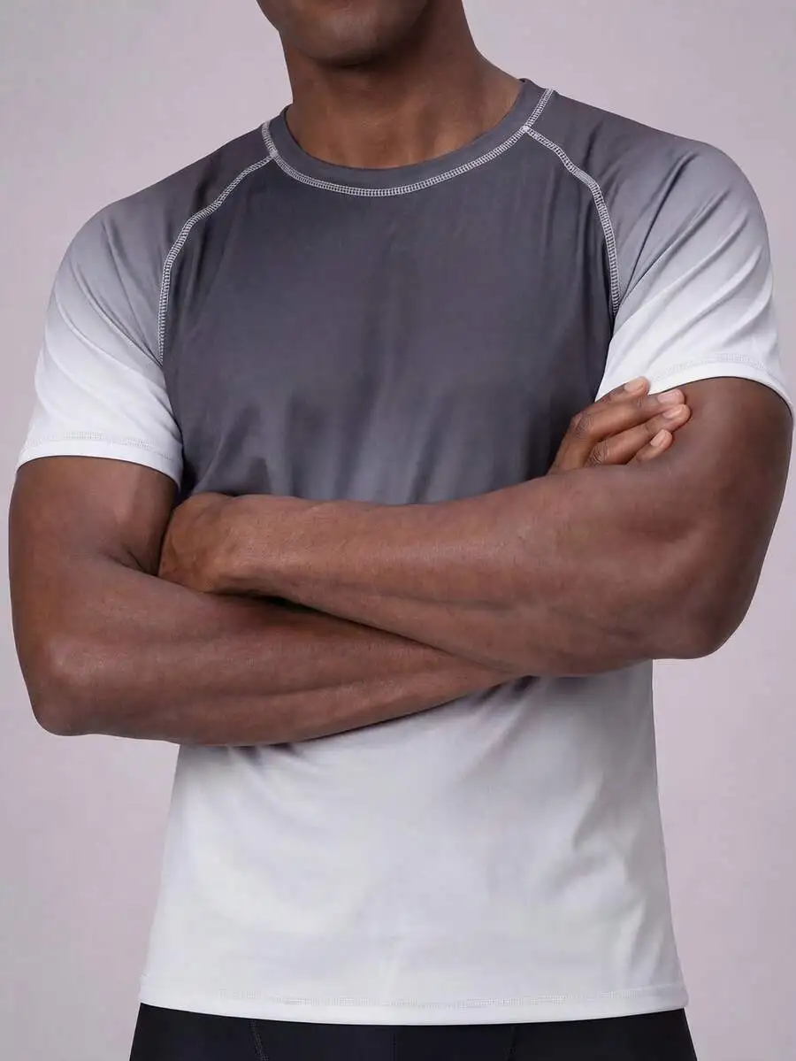 

Mens Ombre Gradient Rash Guard Short Sleeve Swim Shirt